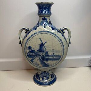 RARE ANTIQUE DUTCH DELFT HOLLAND PORCELEYNE FLES VASE DUTCH SCENERY Windmill